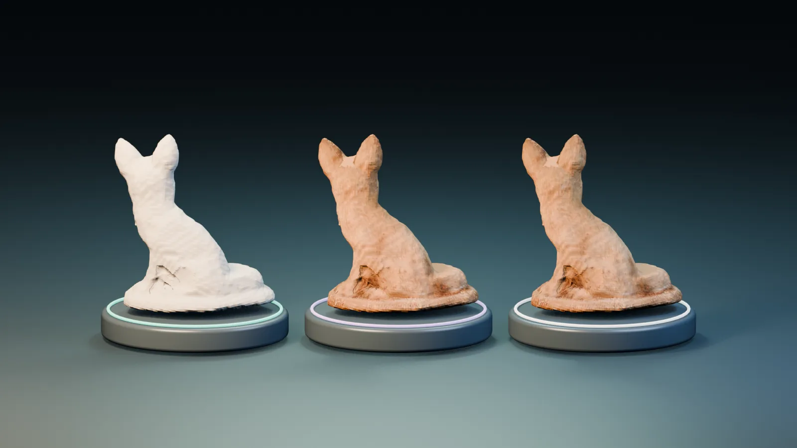 Three matched rotating fox renders: neutral, base color, and base with normal detail